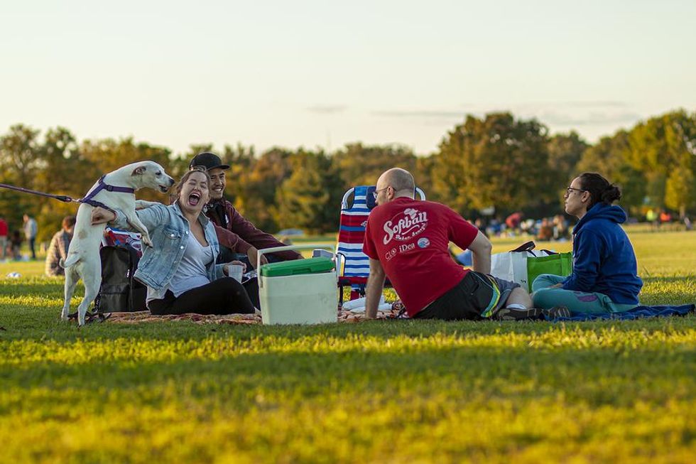 Coworkers eat a picnic lunch together in the summer