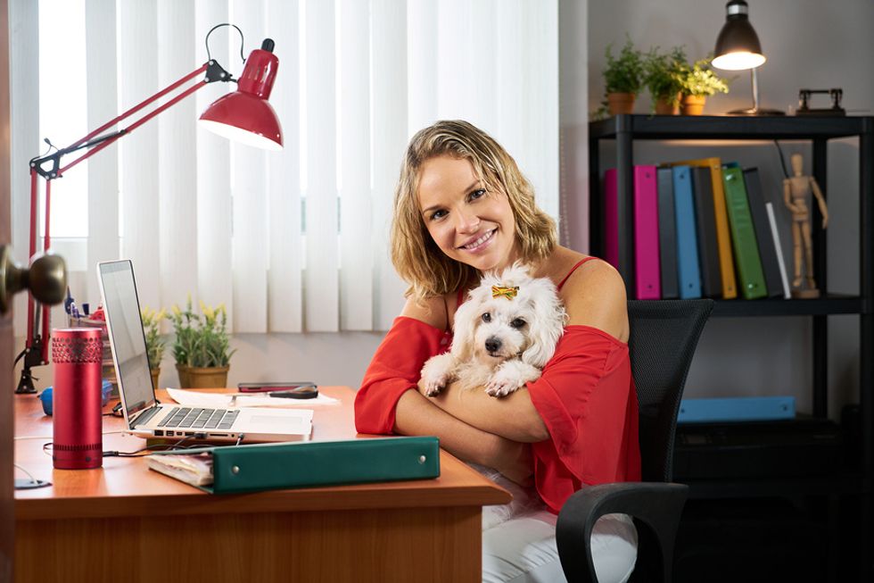 Happy young woman sitting at her desk holding her small dog
