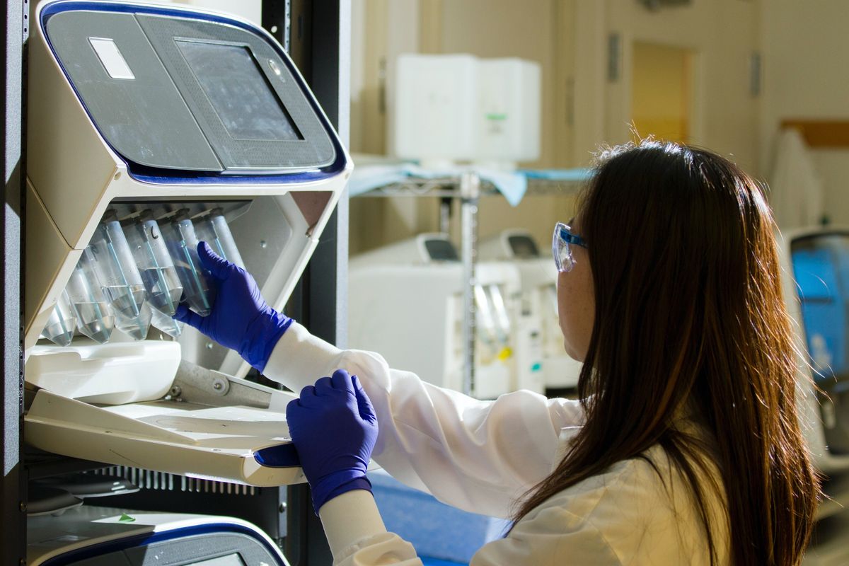 Doctor/healthcare worker holds test tubes while using a medical device